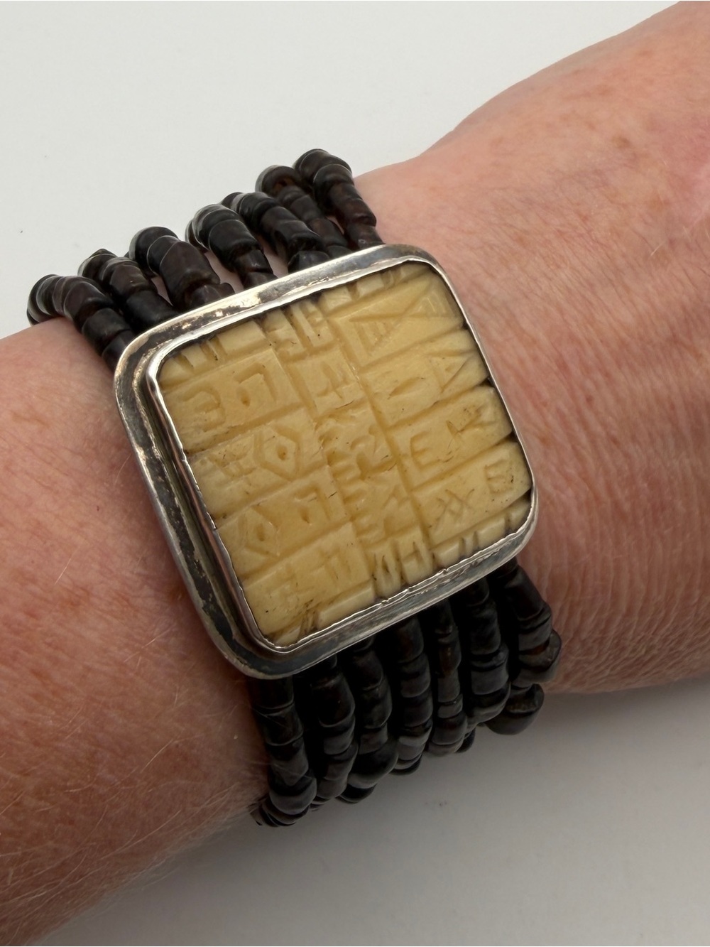 Janice Lee Ripley JLR bracelet 925 sterling silver carved hieroglyphic beads 7